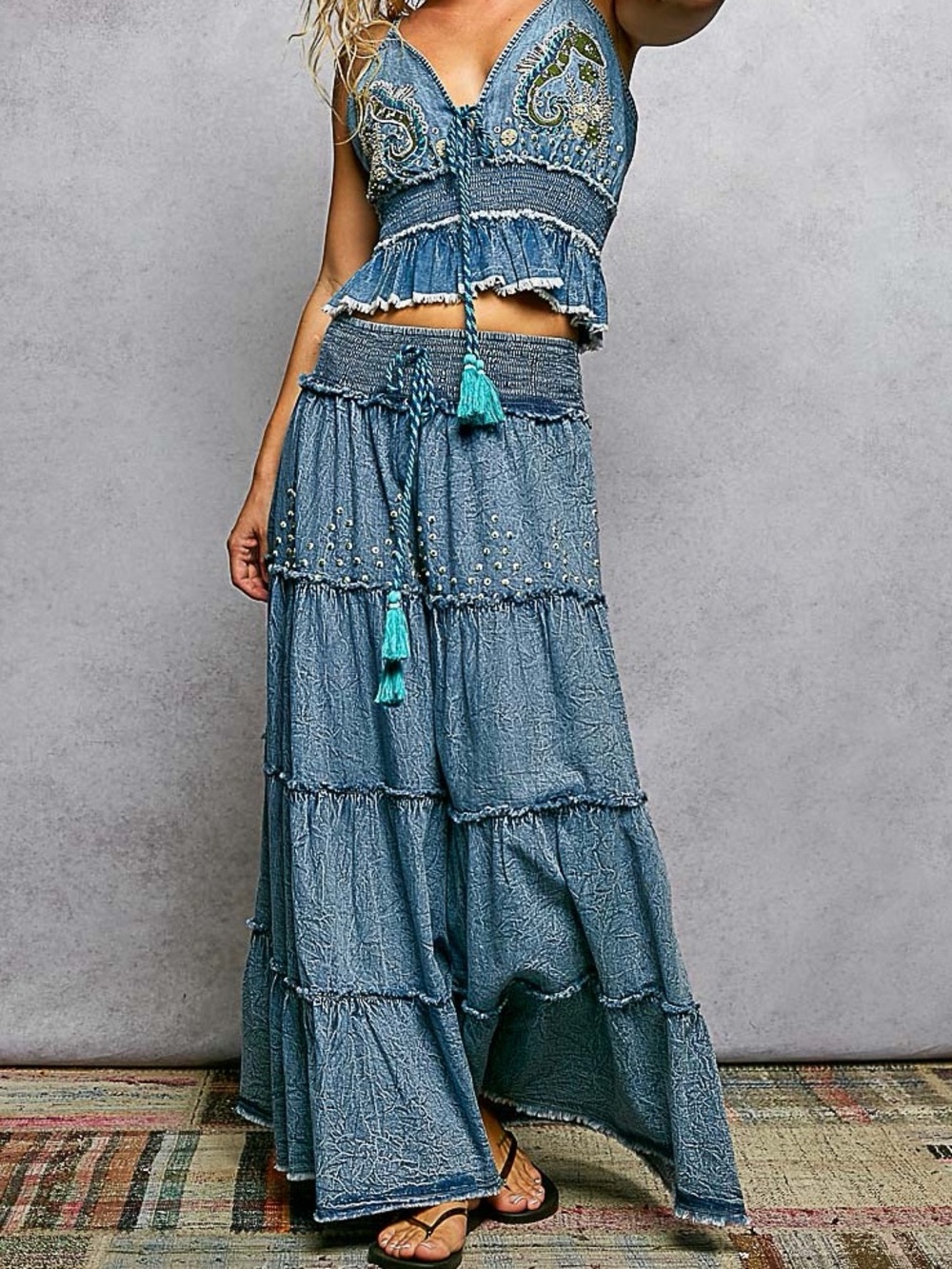 POL Bohemian Tiered Denim Maxi Length Smocked Waist Beaded  Skirt